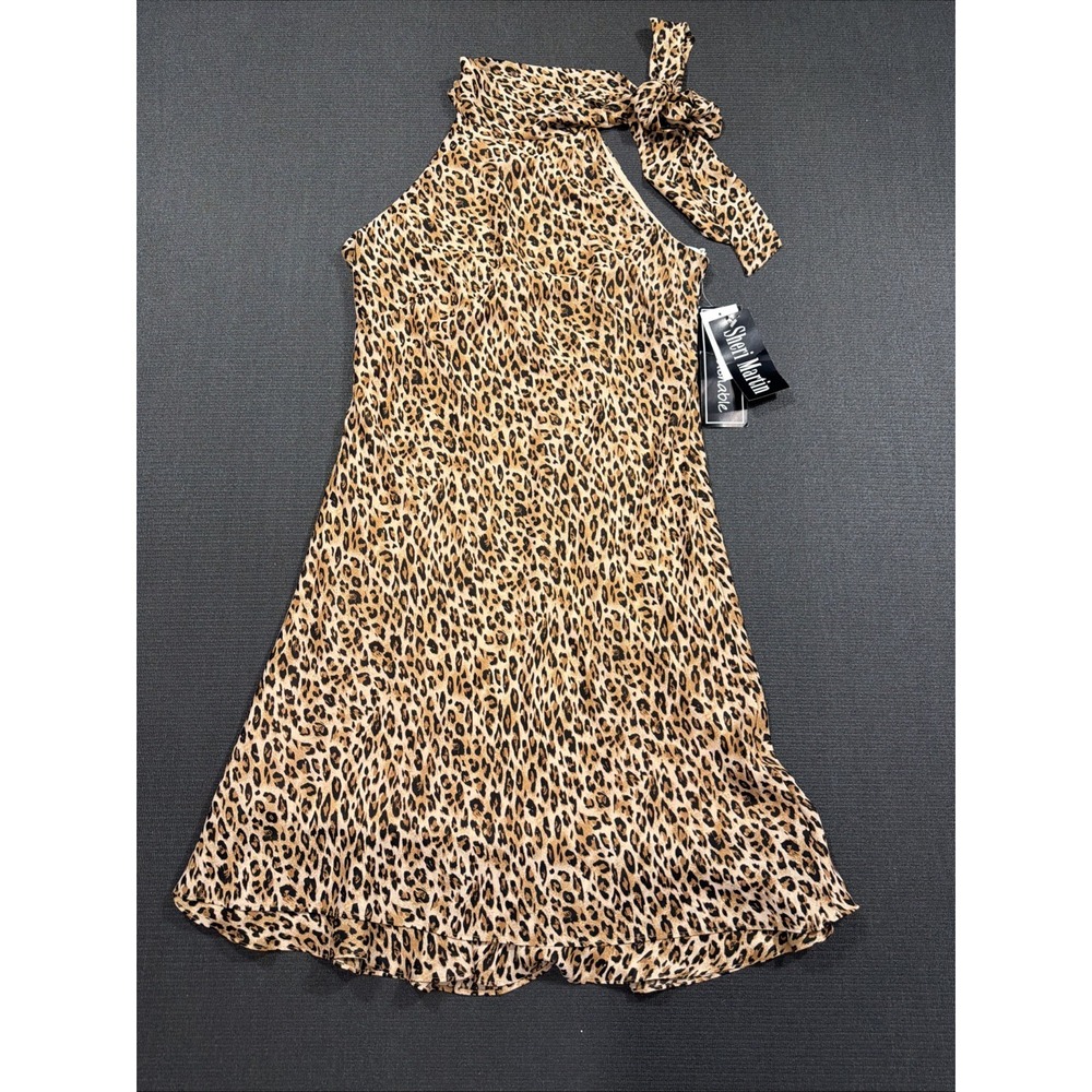 New Sheri Martin New York Midi Leopard Layered Dress Tie Neck Size 10